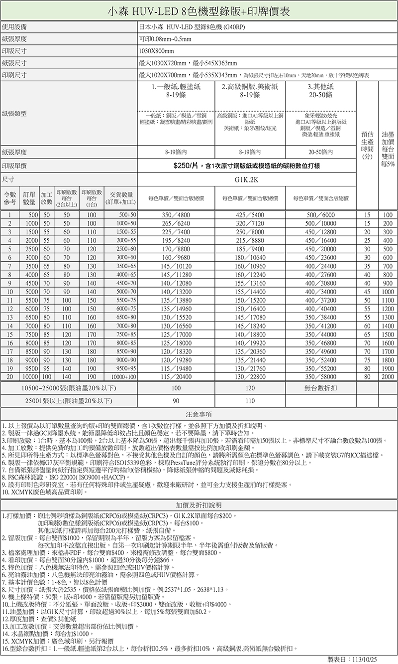 HUVLED型錄8色機牌價表