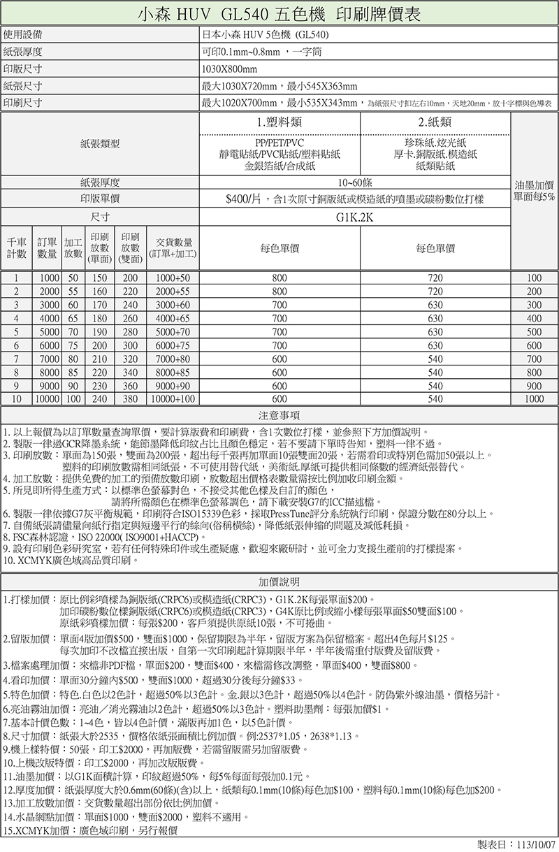 HUV5色印刷機牌價表