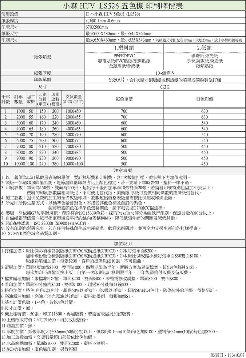 HUV5色印刷機G2K牌價表